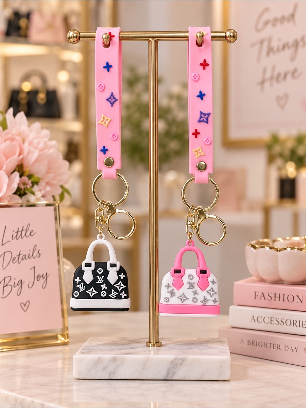 Set of 2 Pink Wristlet Purse Charm Keychains – Black & Pink LV Print Mini Bags